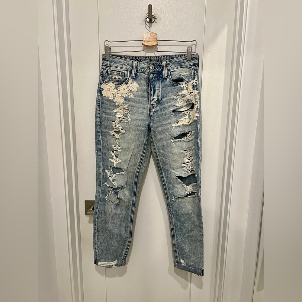 American Eagle Distressed Jeans with Floral Embroidery